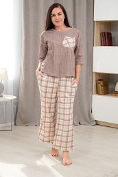 Пижама (джемпер и брюки) из кулирки Жасмин / Бежевая клетка макси